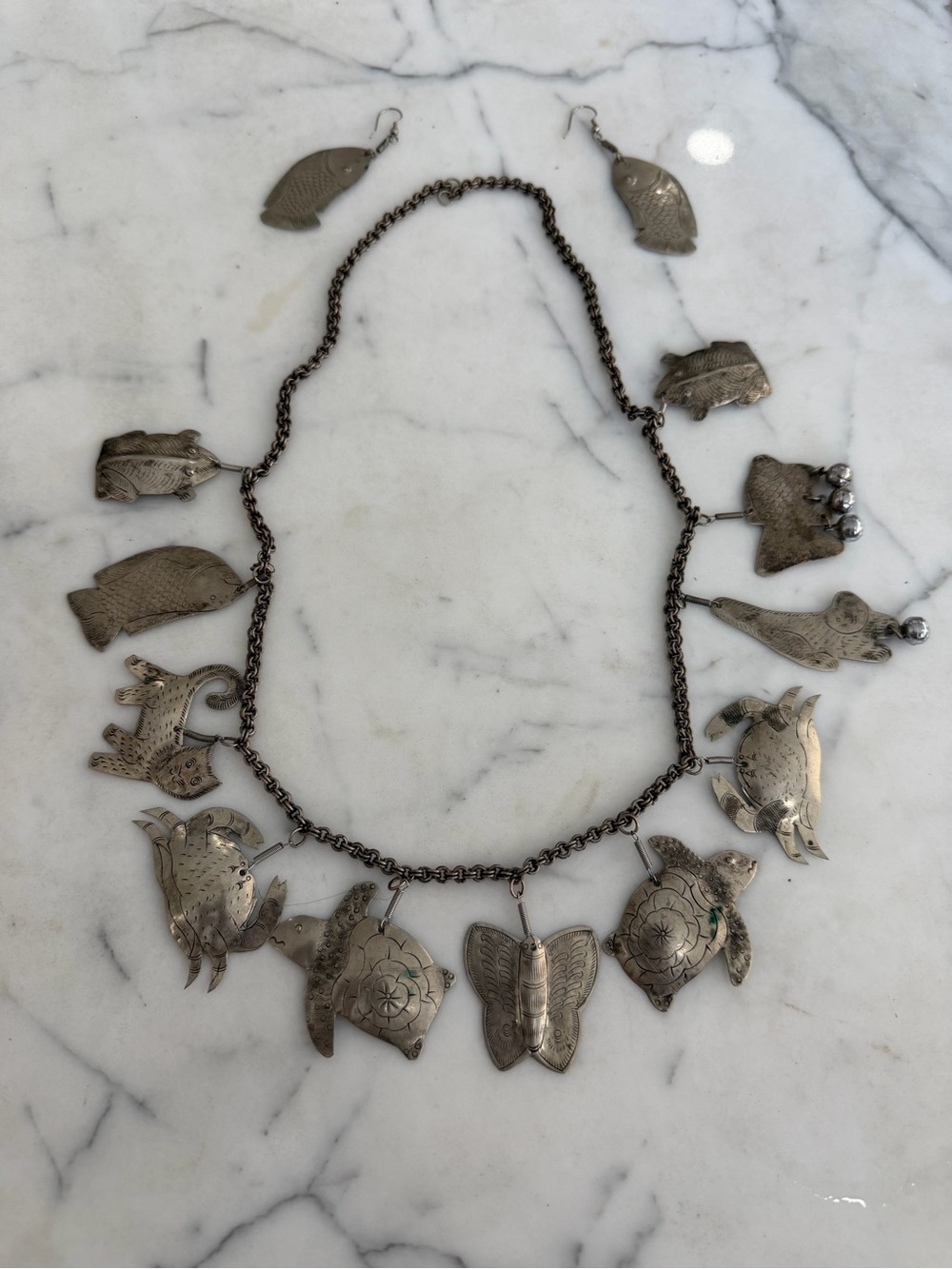 Vintage-Inspired Silver Animal Charm Necklace and Matching Earring Set